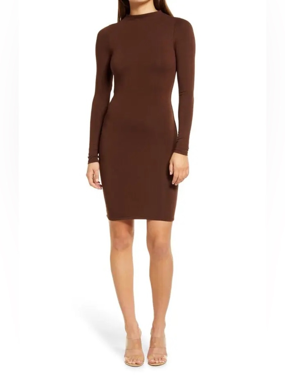 Naked Wardrobe Mock Neck Long Sleeve Minidress in Chocolate Brown L Large